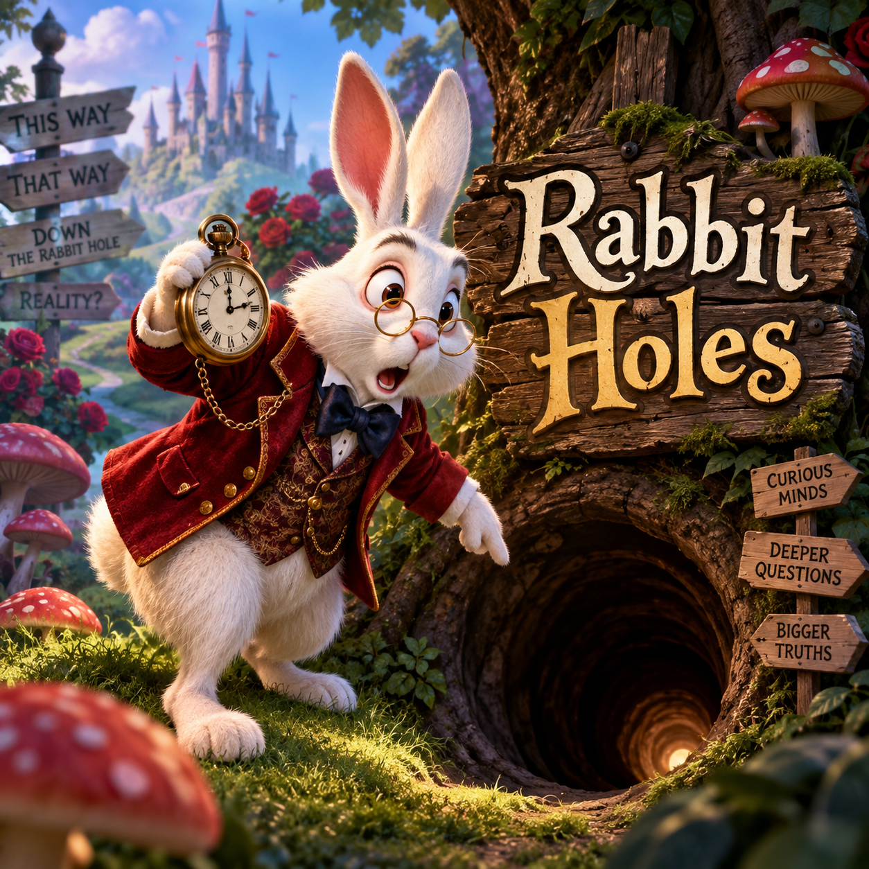 Rabbit Holes — a pocket-watch rabbit beside an open burrow